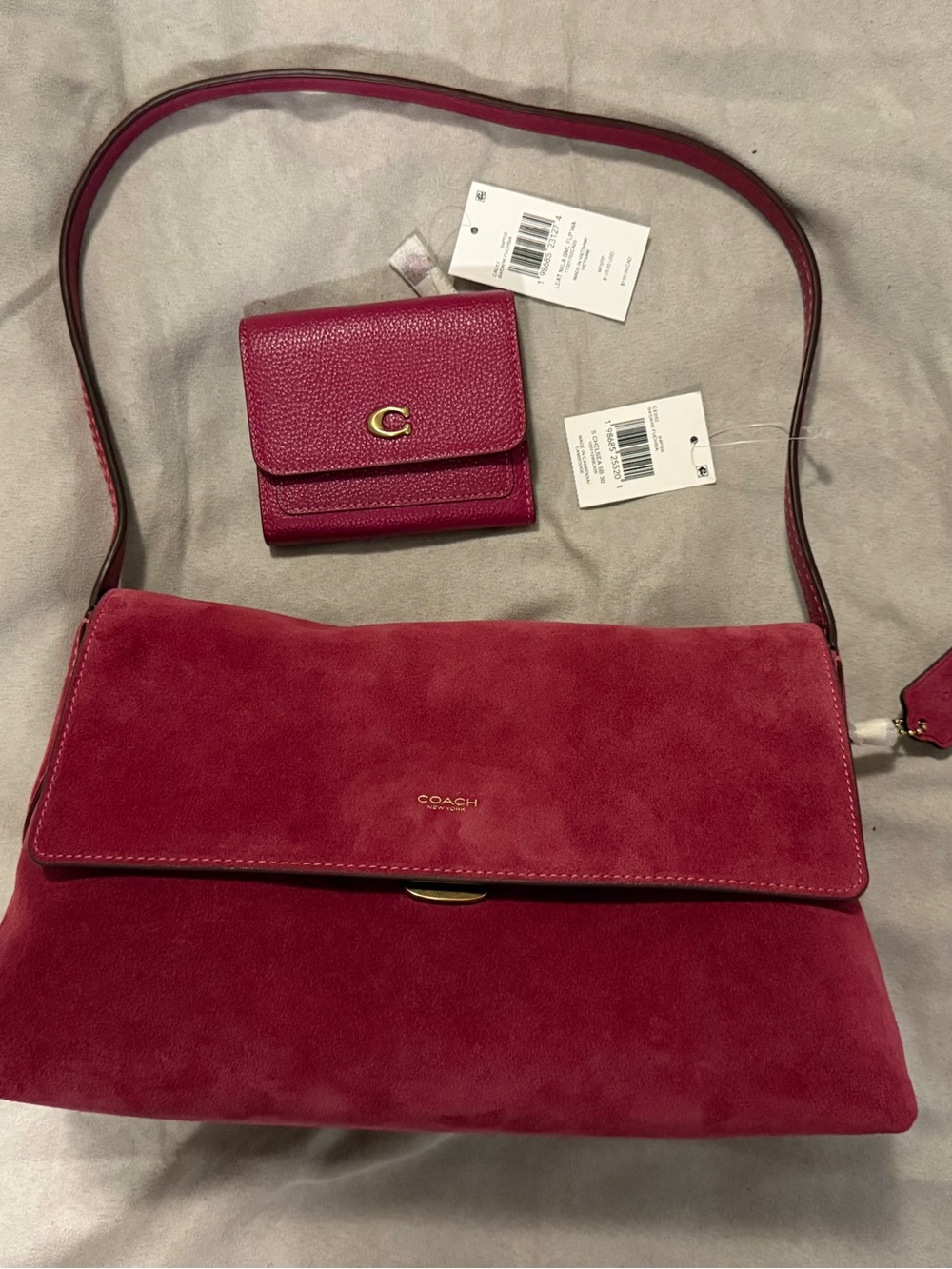 NWT Coach Chelsea 30 Dark Fuchsia Suede w matching Coach Mila Flip Wallet